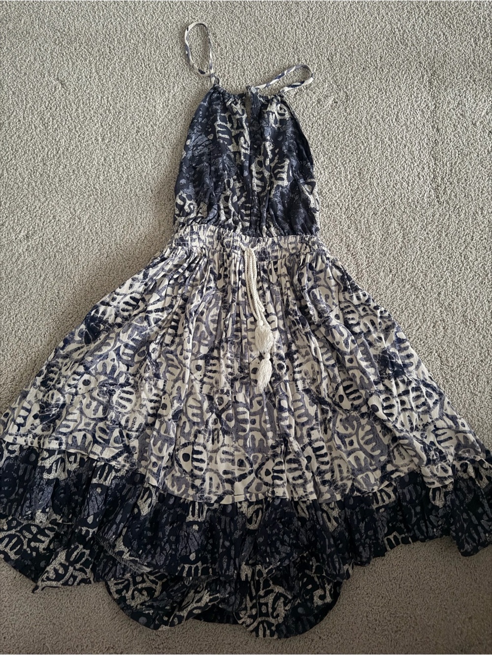 Free People Navy and Cream Halter Tiered Mini Dress